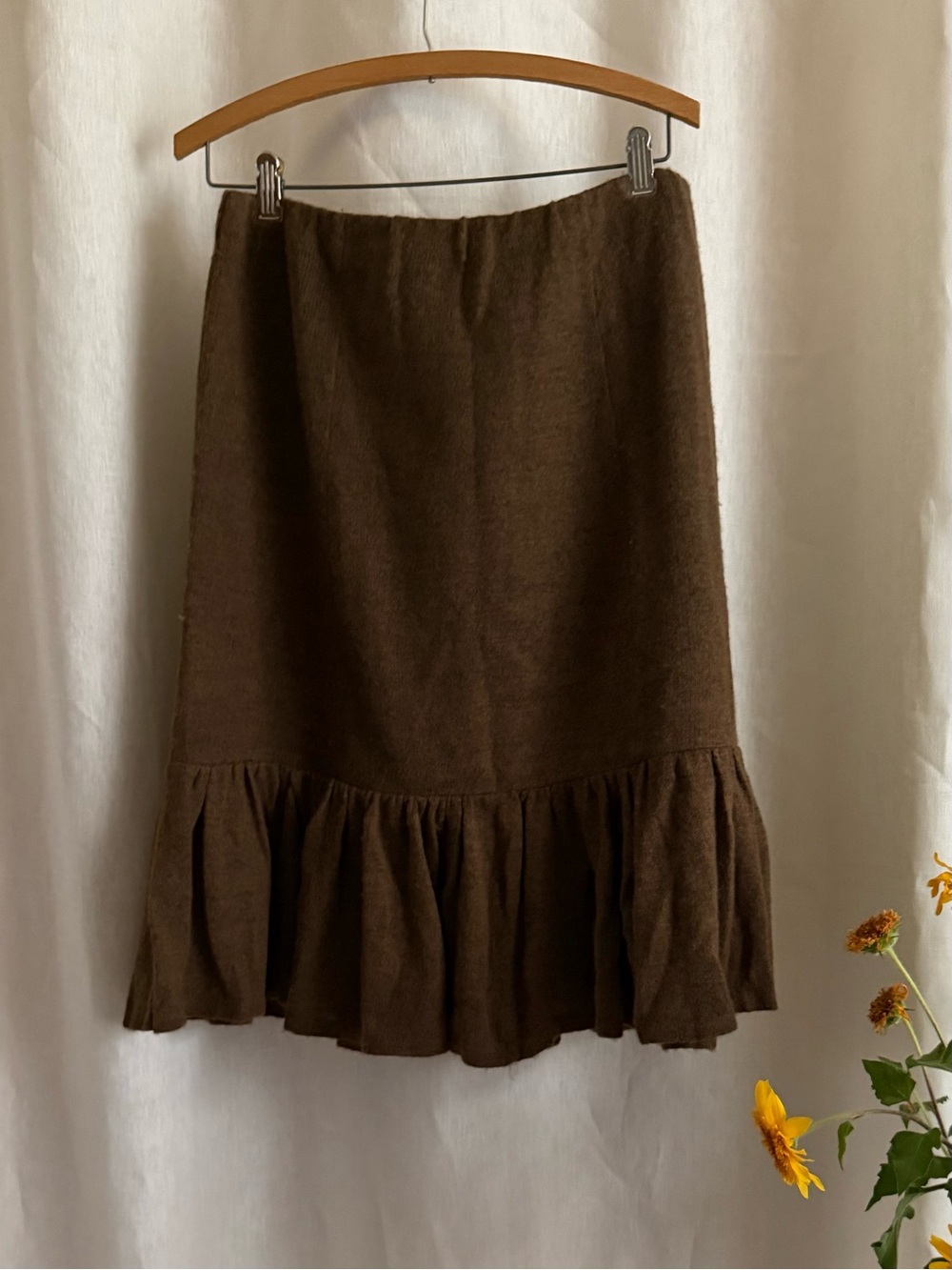 Sundance Wool Blend Ruffle Skirt 8 Brown Sweater Knit Boho Prairie